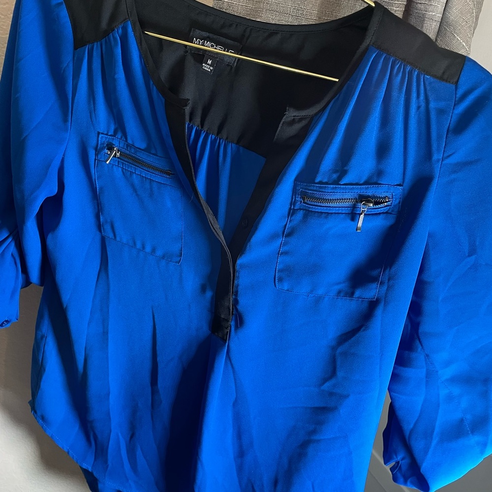 My Michelle blue / black 3/4 quarter sleeve blouse top size medium